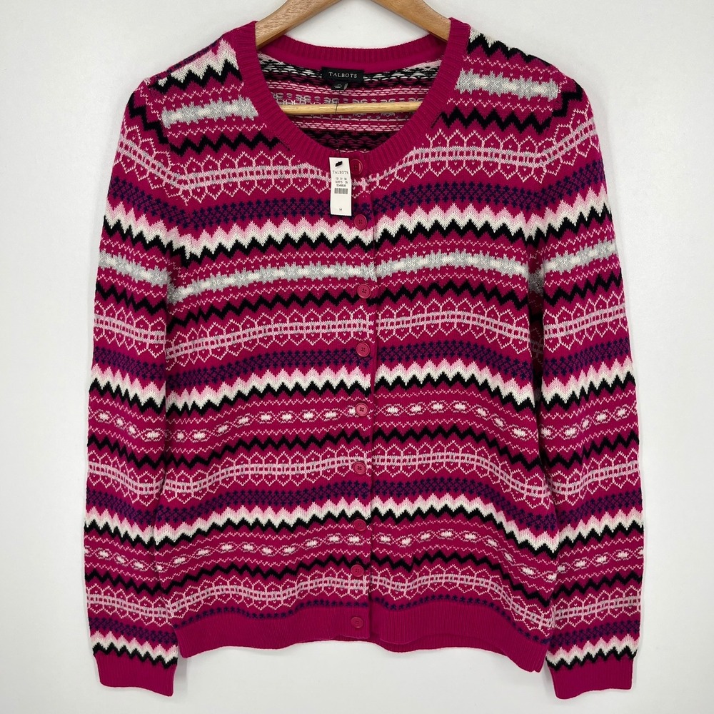 Talbots Womens Pink Fair Isle Lambswool Blend Button Front Cardigan Sweater M